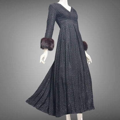 LILLIE RUBIN Vintage 1970s evening gown, Black eye lash Sparkly Gown with Fur Cuffs