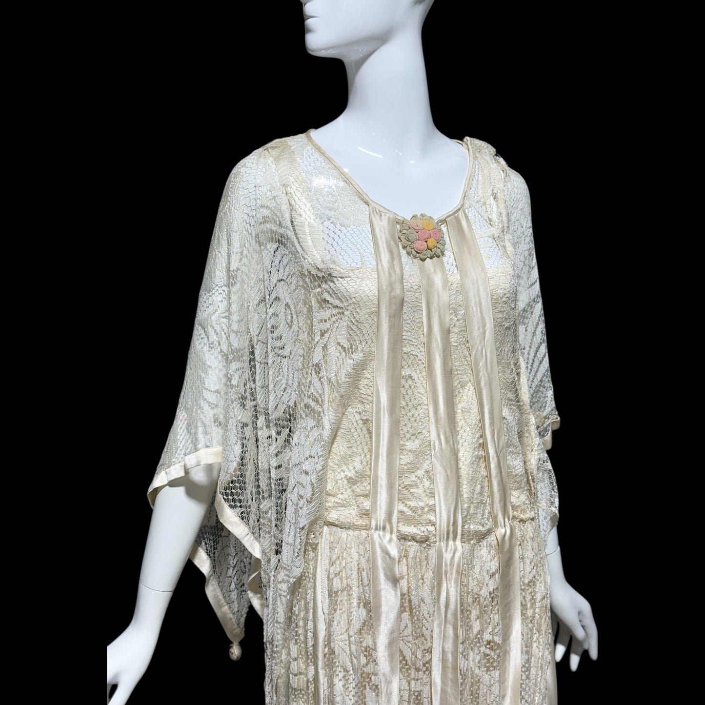 1920s Antique vintage wedding dress, Handmade candlelight white silk and lace slip dress with scarf sleeves, bridal flapper dress