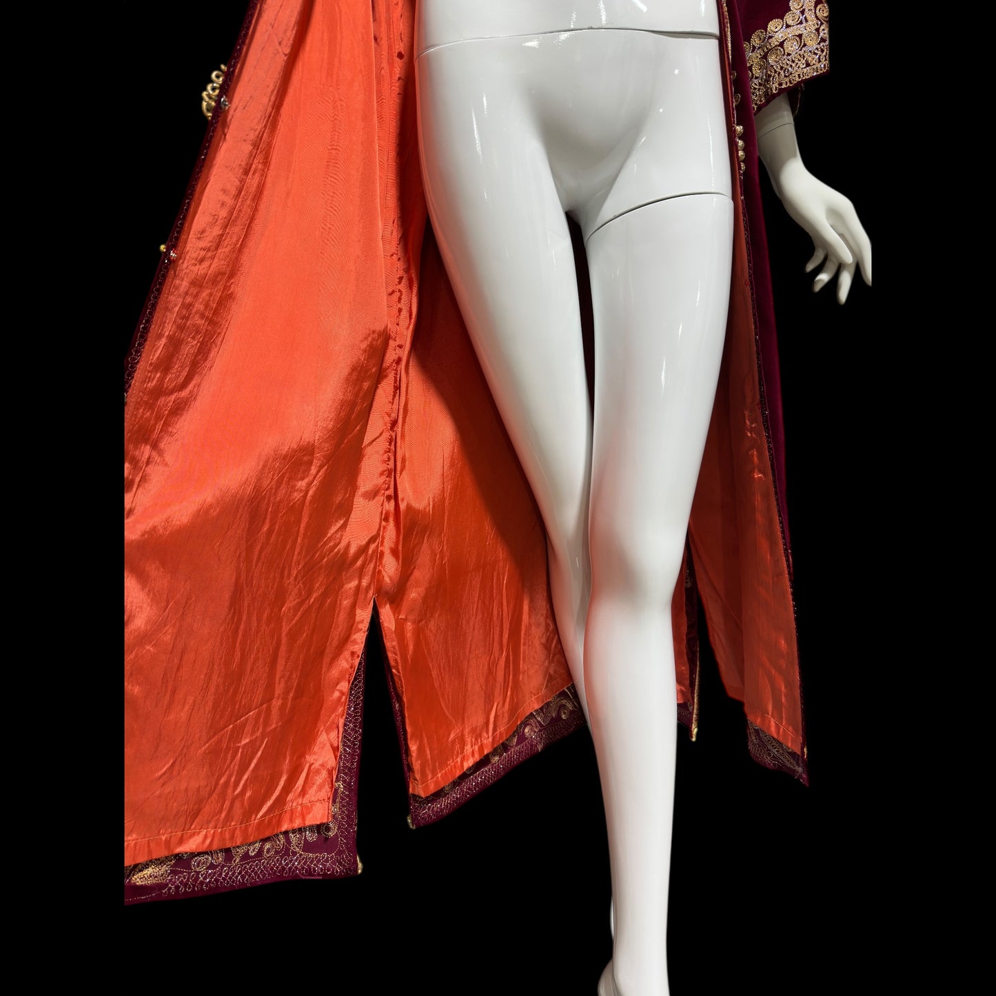 PROFILS du MONDE vintage Embroidered Moroccan kaftan,  1960s evening maxi coat dress, Beverly Hills Ruby Red velvet gold metallic