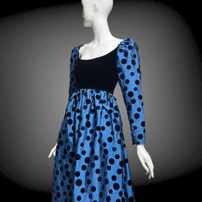 ADELE SIMPSON vintage 1960s evening dress, steel blue taffeta with black velvet flocked polka dots
