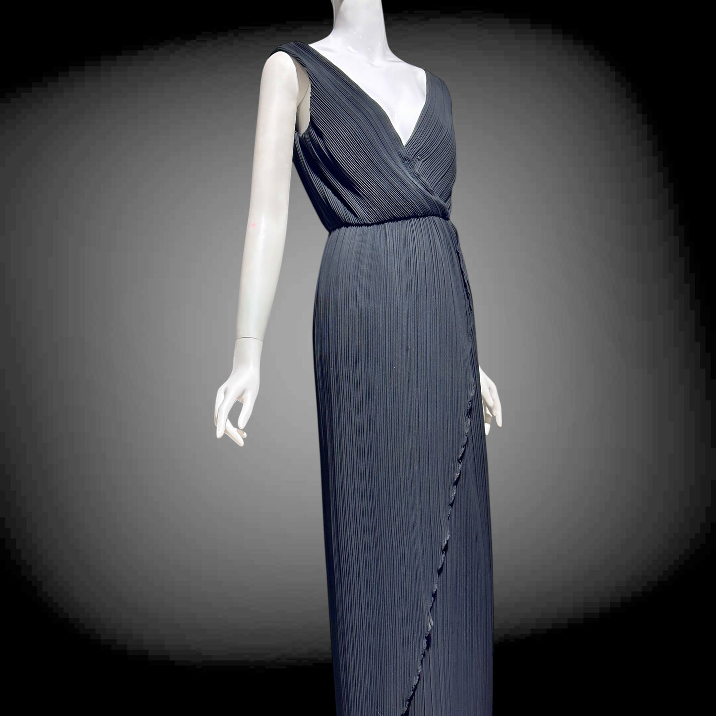 MARSHALL ROUSSO Las Vegas, vintage 1970s evening dress, black pleated plisse wrap front grecian goddess gown