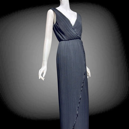 MARSHALL ROUSSO Las Vegas, vintage 1970s evening dress, black pleated plisse wrap front grecian goddess gown