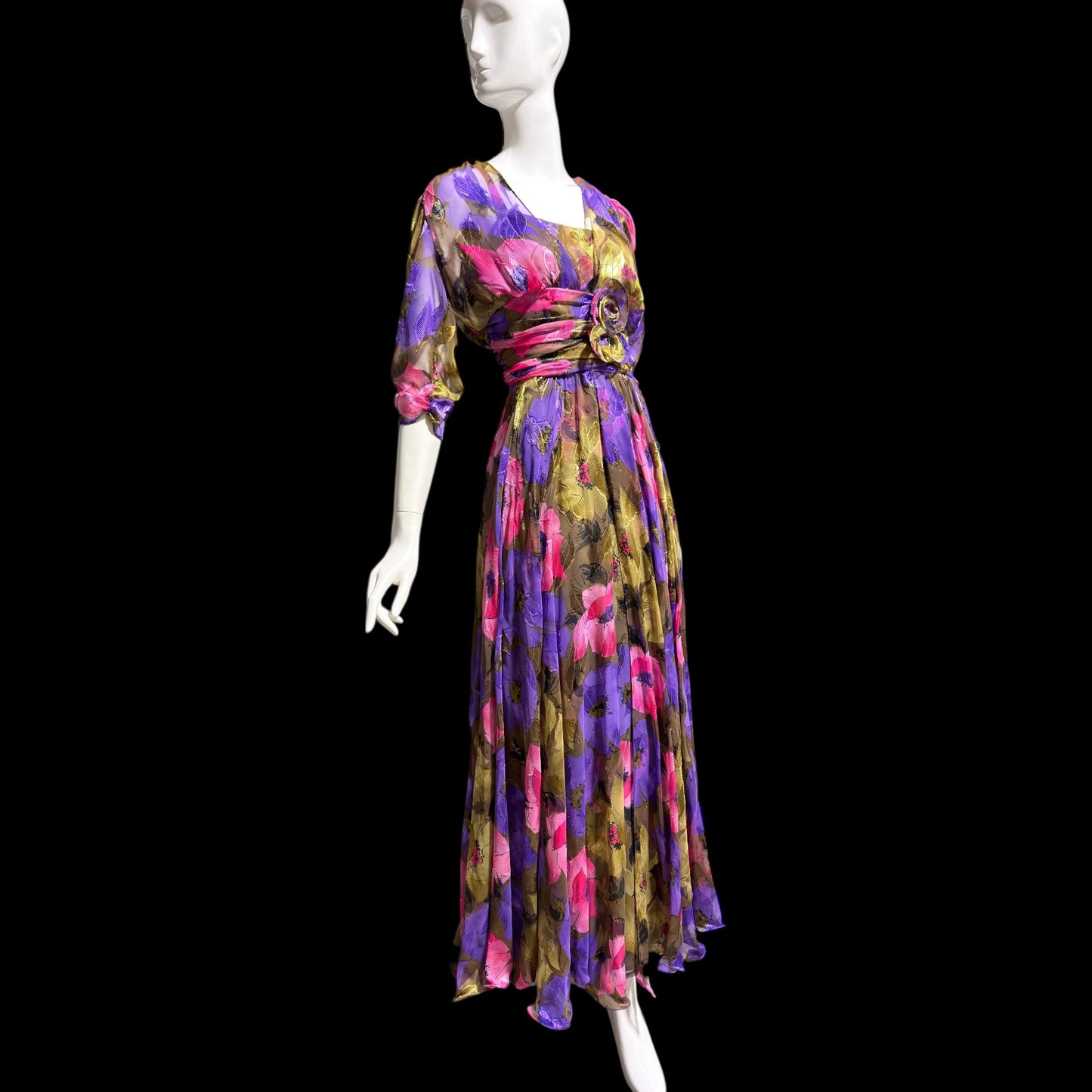 FRANK USHER LONDON, vintage 1970s evening dress, jewel tone floral chiffon with gold metallic
