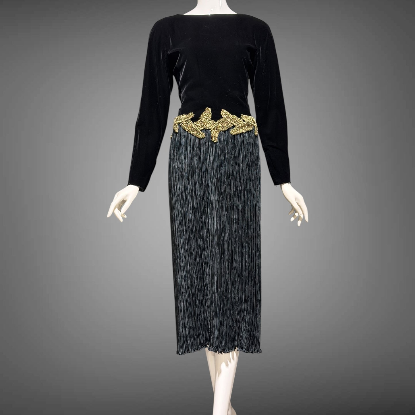 MARY MCFADDEN vintage evening dress, 1980s Designer Glam Black velvet plisse cocktail party dress