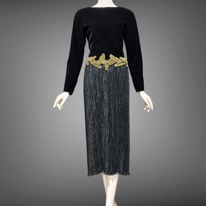 MARY MCFADDEN vintage evening dress, 1980s Designer Glam Black velvet plisse cocktail party dress