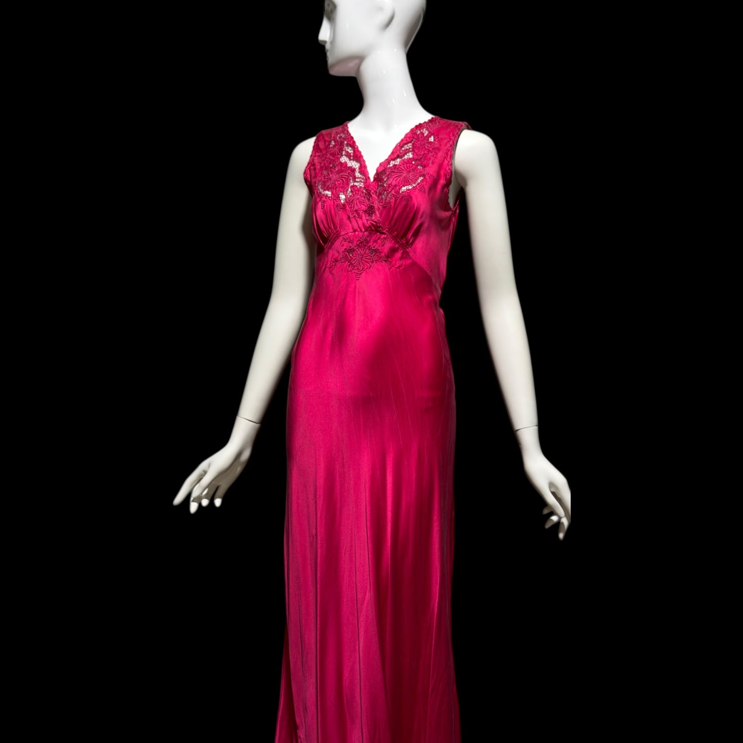 PEONY vintage 1950s Silk Nightgown Slip Dress: Made in SHANGHAI Embroidered Magenta bias cut gown