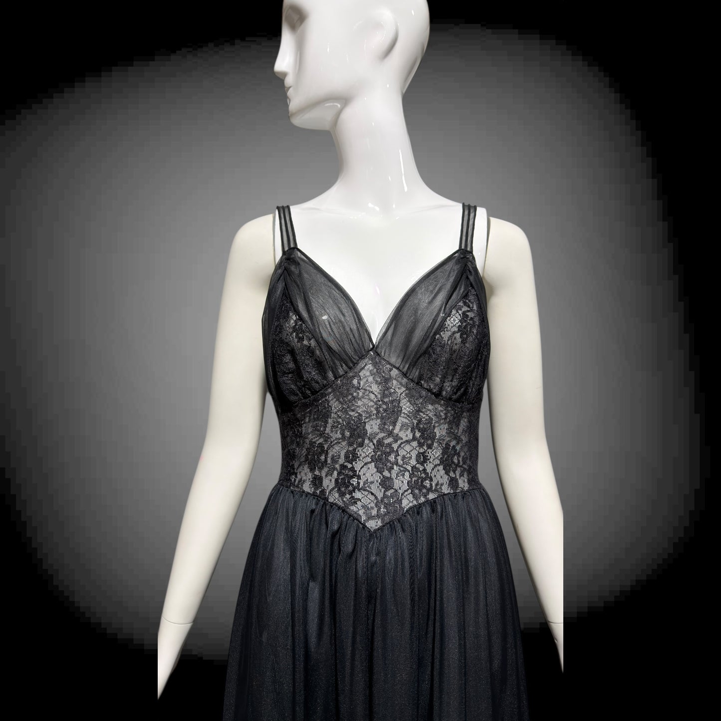 Rogers vintage 1950s Black Lace Nylon Nightgown Lingerie Slip Dress