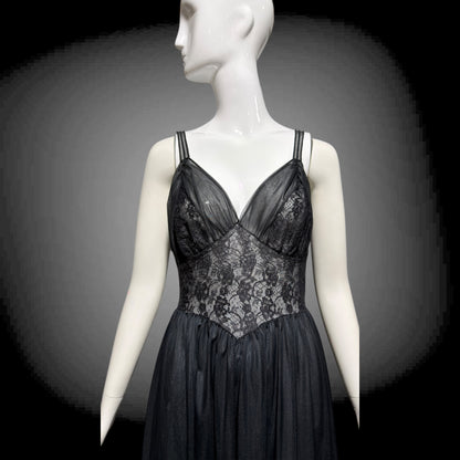 Rogers vintage 1950s Black Lace Nylon Nightgown Lingerie Slip Dress