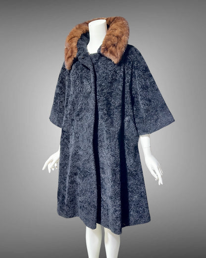 LILLI ANN 1950s vintage swing coat, Black boucle evening swing coat with mink collar