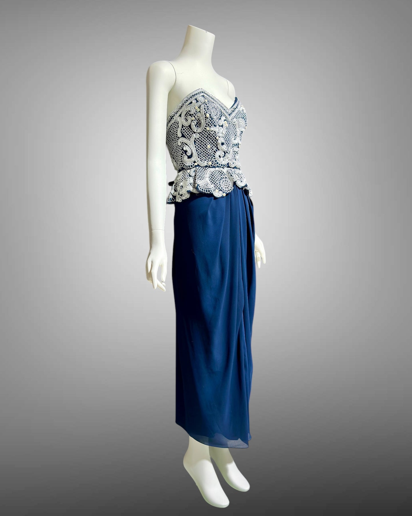 FABRICE SILHOUETTE 1980s vintage evening dress, Navy Blue and white beads and sequins strapless peplum formal gown