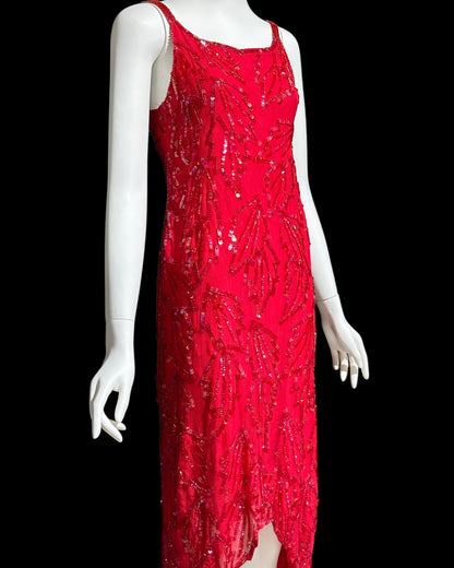KAYE LOUISE vintage 1990s dress, red 100% silk and sequin beaded cocktail party slip dress