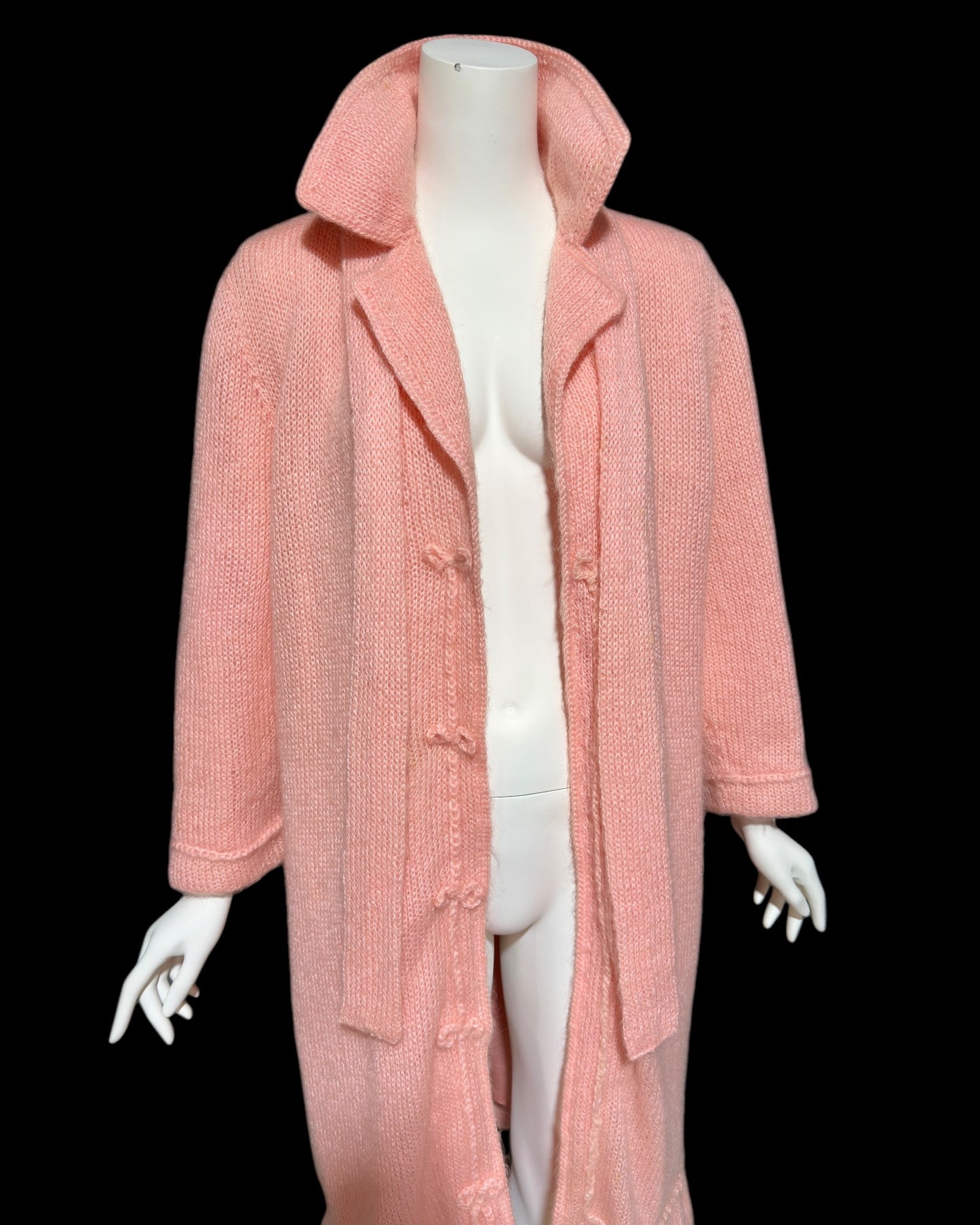 1960s vintage pink mohair coat, Mid Century stroller length open front coat