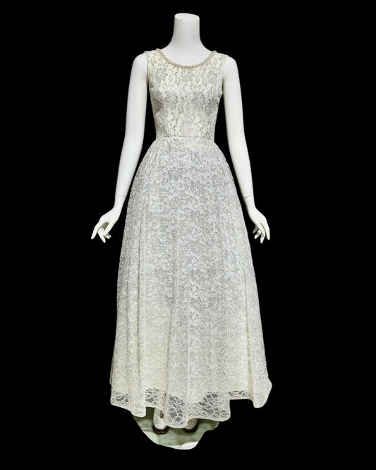 1960s vintage wedding dress, Full length white and silver lace princess evening gown