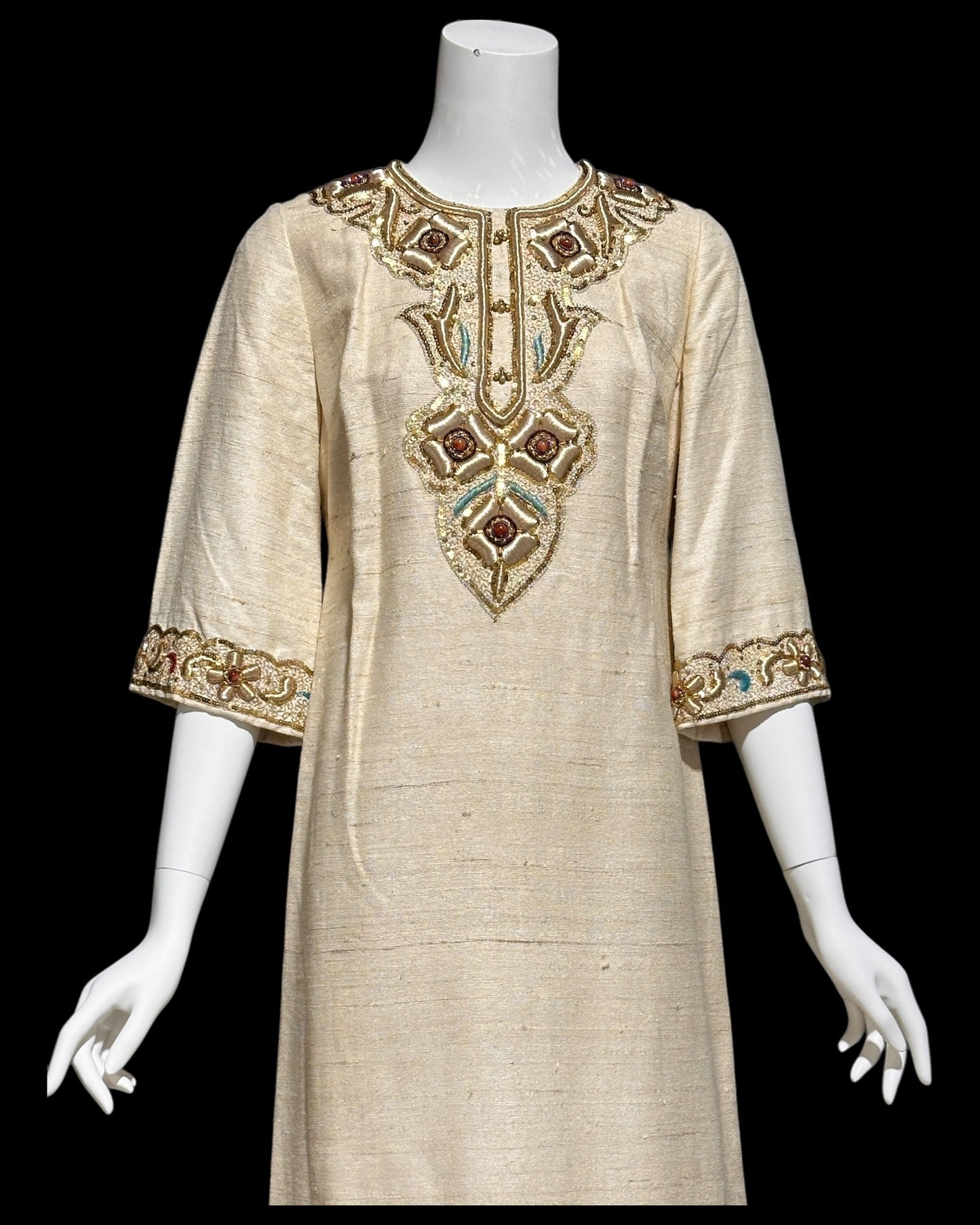 1960s vintage raw silk caftan dress, Custom made zardozi style embroidered Kaftan beaded evening gown