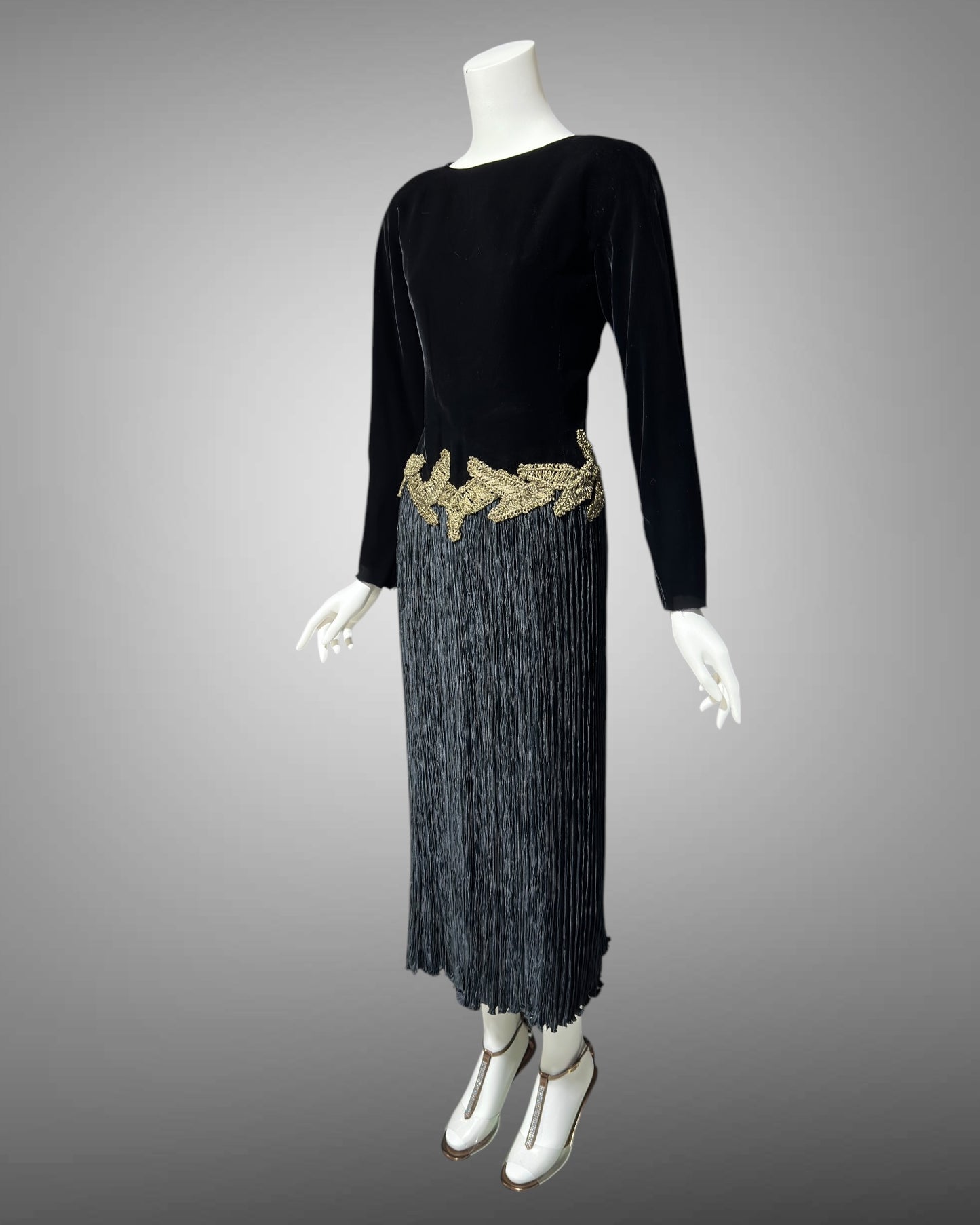 Mary McFadden evening dress, 1980s Black velvet fortuny pleats plisse cocktail party dress, SUITE 101 Beverly Hills