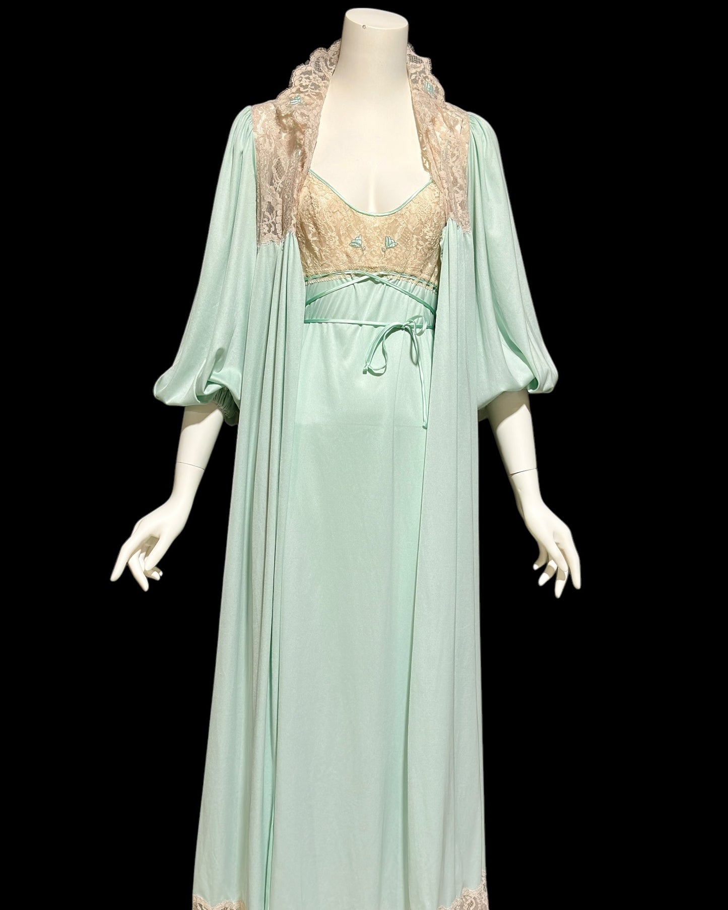 CLAIRE SANDRA Lucie Ann, Neiman Marcus, 1960s vintage nightgown robe set, seafoam green peignoir set, slip dress and housecoat