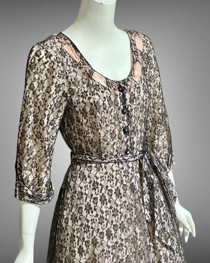 FLOBERT vintage 1940s black lace dressing gown robe, sheer black lace with pink ribbon trim