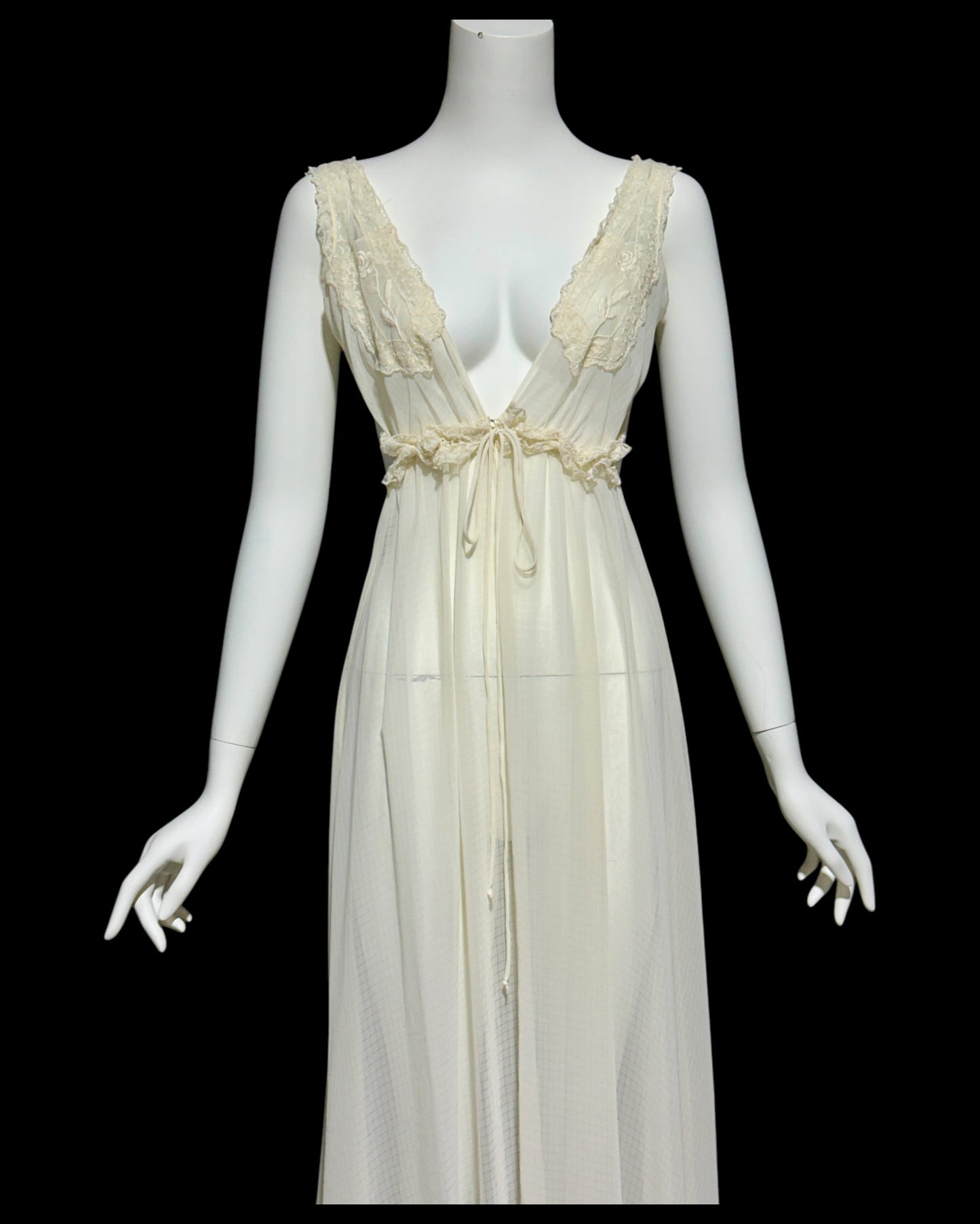 BONNIE STRAUSS vintage nightgown dressing gown set, 1980s completely sheer almond white backless robe and slip dress set