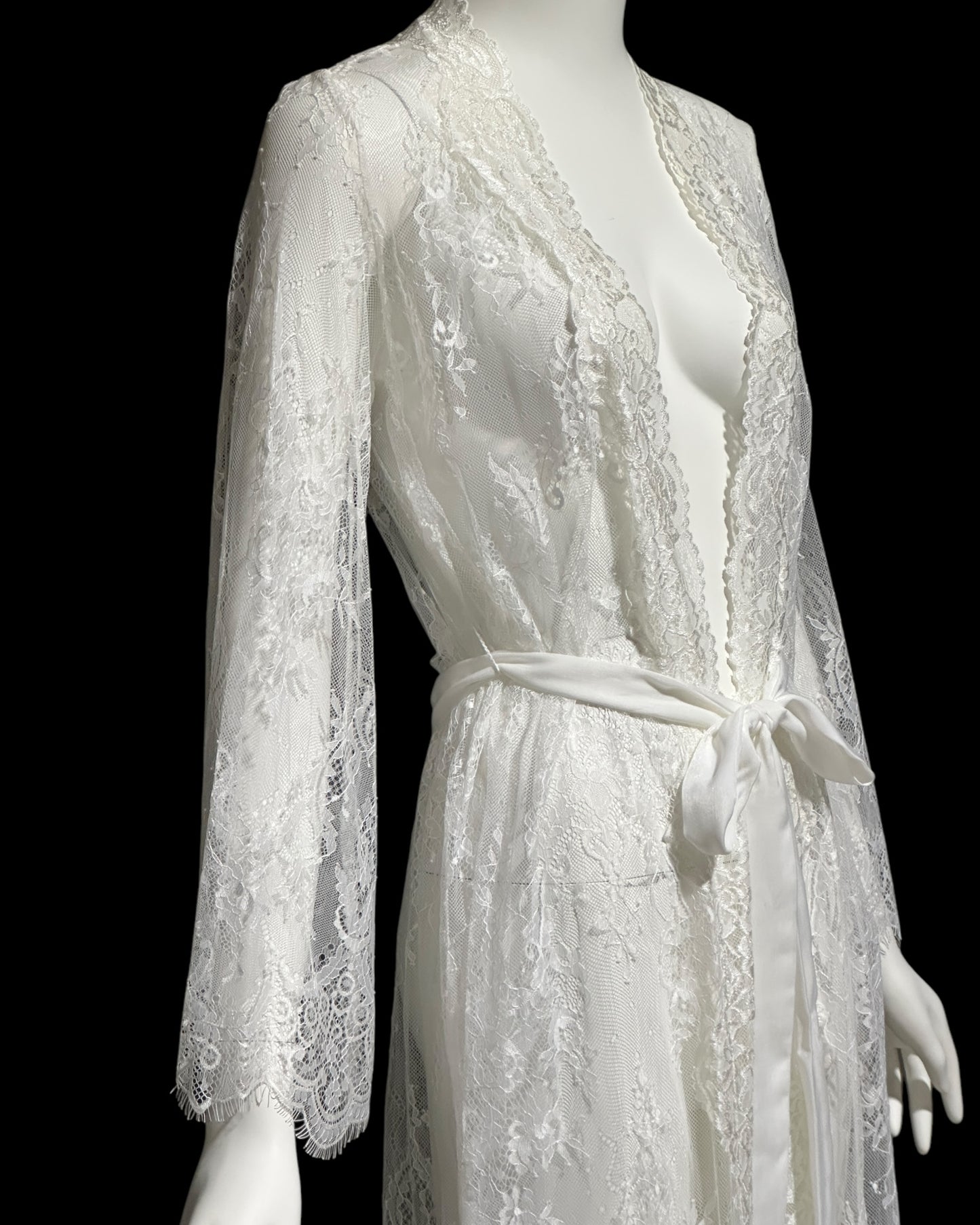 JONQUIL Diane Samandi, 1990s sheer white lace robe, see through feather weight white wrap dressing gown