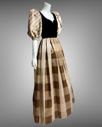 ANDRE LAUG vintage evening ball gown, 1970s Silk formal dress, black velvet brown mocha puffed sleeves