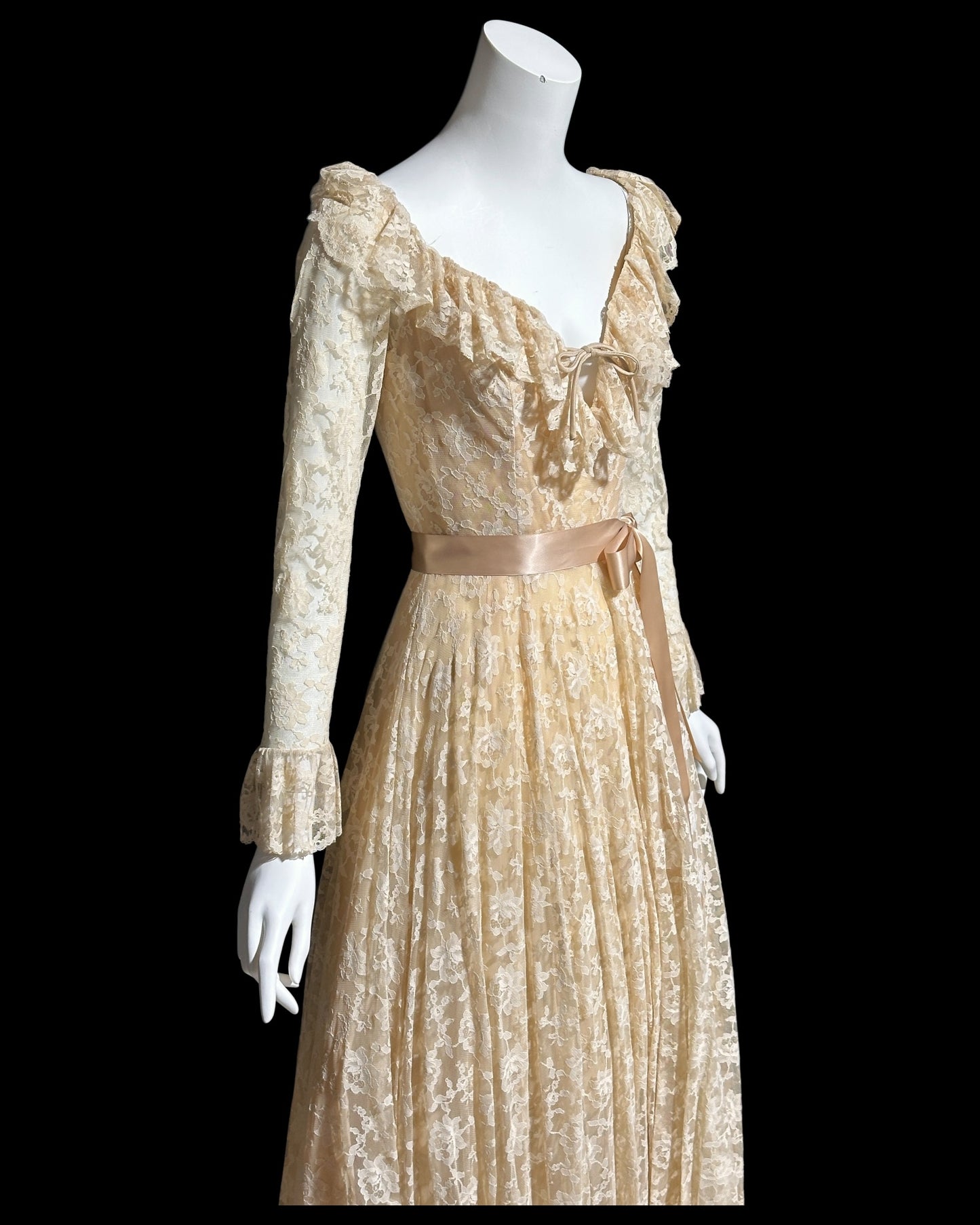 LES WILK 1970s vintage evening dress, lace beige ruffle deep V neckline full sweep wedding dress