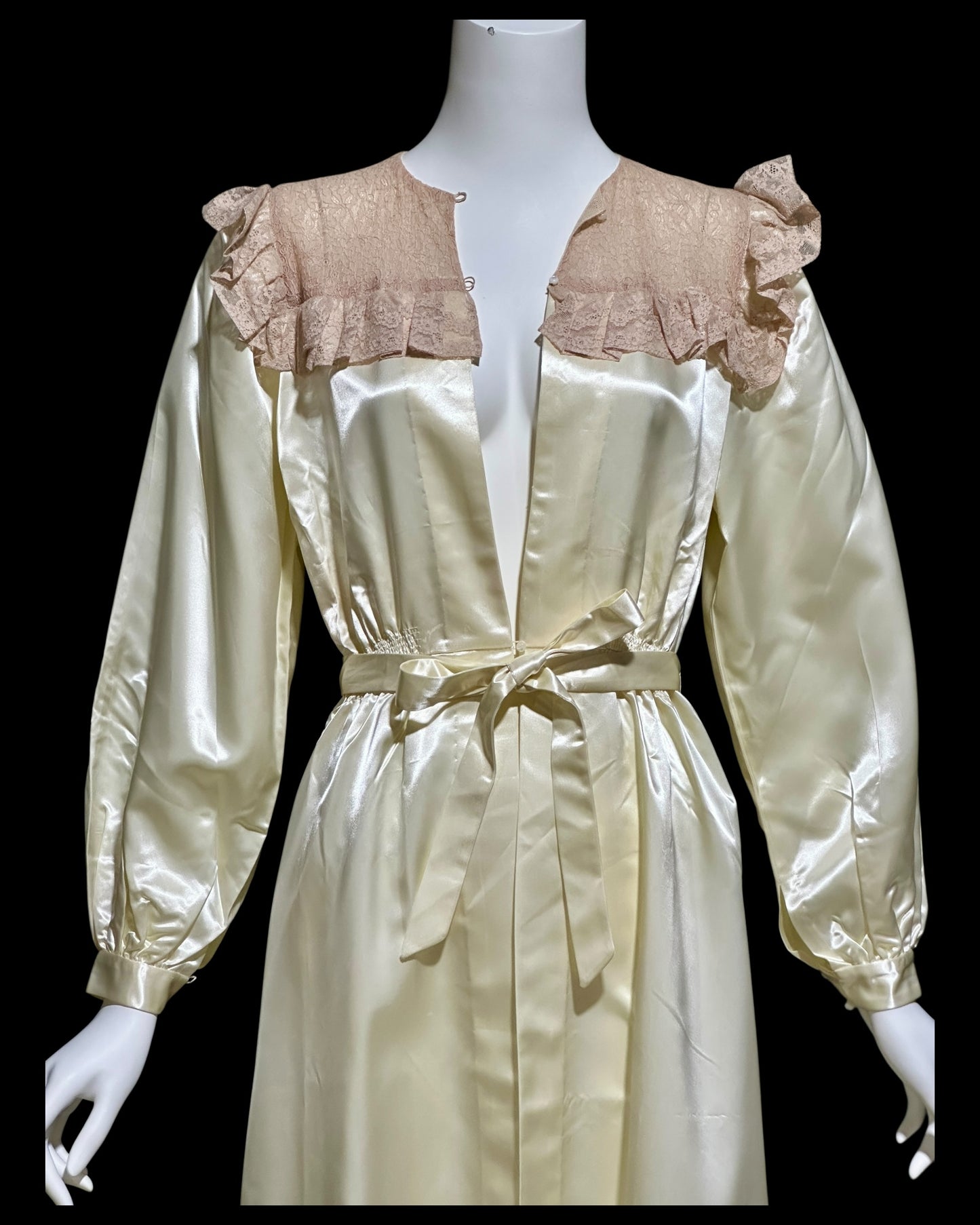 1930s vintage satin dressing gown robe, shiny candlelight and pink lace peignoir housecoat