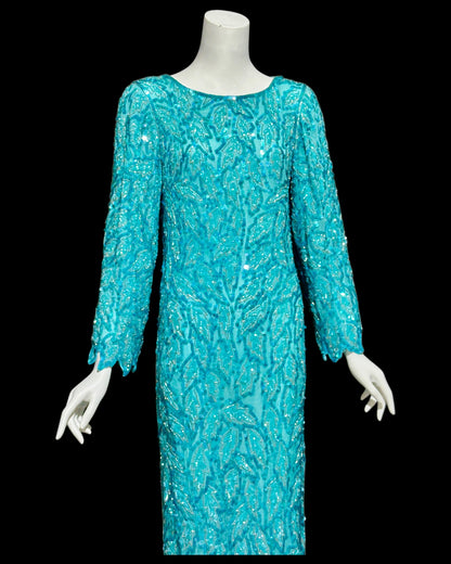 1980s Vintage Turquoise blue silk beaded full length sheath evening gown, Silver beads long sleeves and sequins