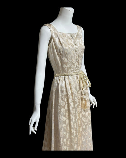 B. COHEN vintage 1940s silk dressing evening gown, house dress, ivory gold metallic feather button front