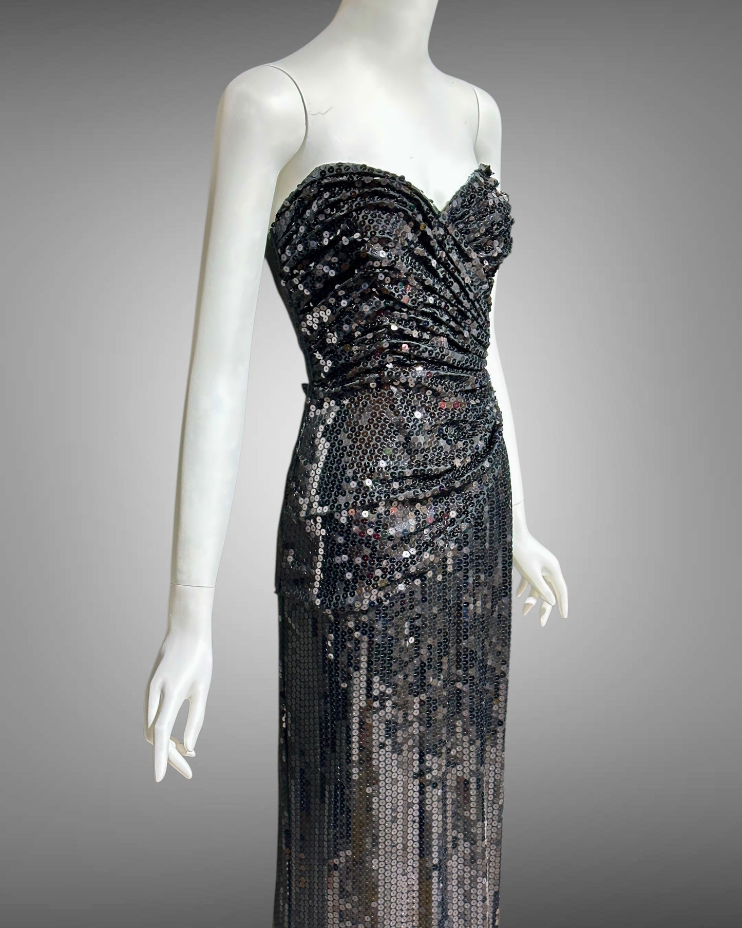 TADASHI vintage evening dress gown, 1980s all over black sequin, strapless ruched bodice