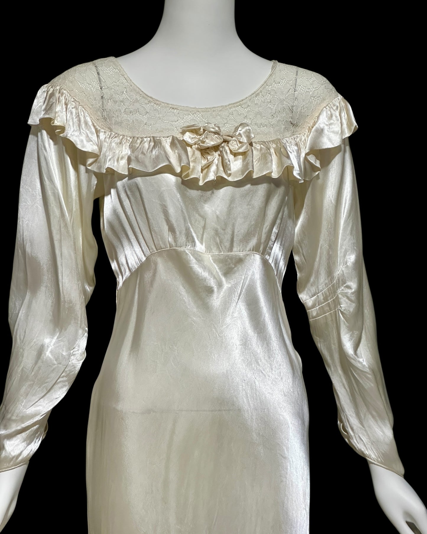 1930s vintage liquid satin wedding dress, shiny bias cut sheath bridal gown, full length gown with sleeves