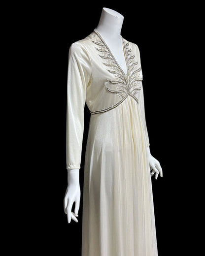JACK BRYAN, vintage 1970s white jersey knit evening wedding dress with beaded bodice