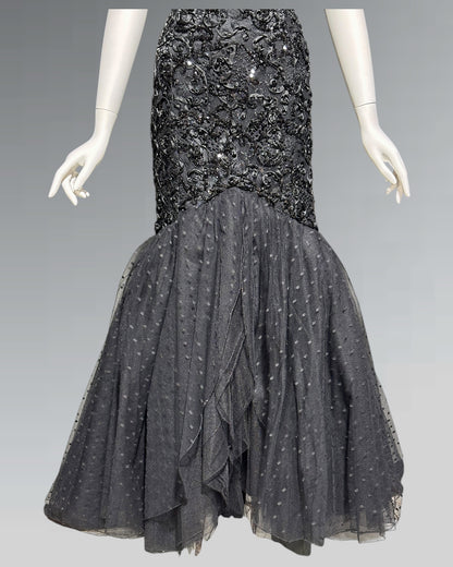 DAVID FIELDEN, 1980s Neiman Marcus, Black lace Mermaid sequin gown