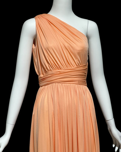 OLE BORDEN for Lillie Rubin, 1970s peach one shoulder evening gown, draped pleated grecian goddess gown