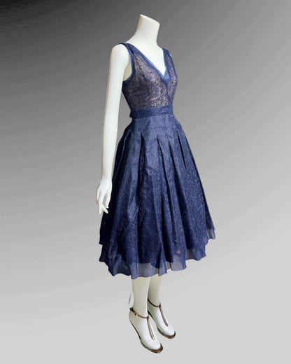 OLDRIC ROYCE by Tony Abate, vintage 1950s evening cocktail dress, navy organza fit and flare party dress