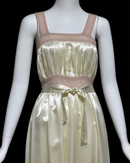 1930s vintage nightgown robe set, candlelight cream and old rose shiny night dress bridal trousseau