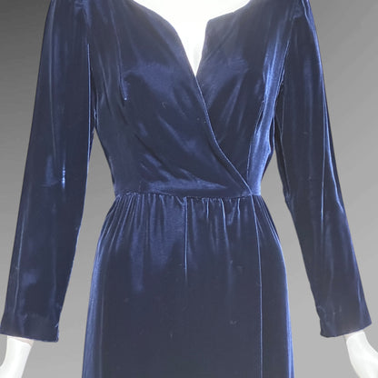 MOLLIE PARNIS vintage 1960s blue velvet wrap evening dress, Morty Sussman