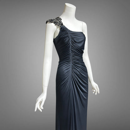 EUGENE ALEXANDER, vintage 1980s evening dress, Slinky Black sheath One Shoulder Grecian Goddess gown
