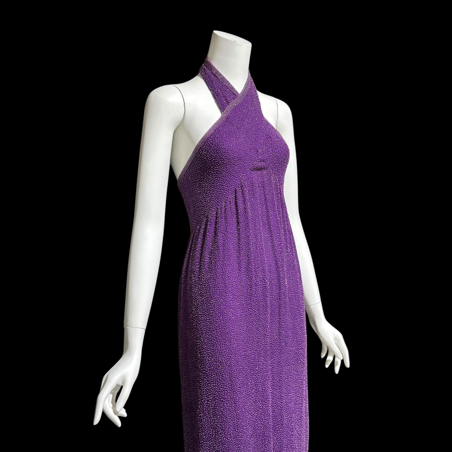 JEET vintage 1980s evening gown, Purple Beaded Silk Sheath gown, Halter slip dress