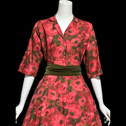 EVELYN PEARSON Lounging Apparel, vintage 1950s house dress, red and green floral cotton day dress