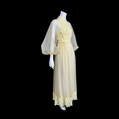 CYRELD PARIS, vintage 1970s yellow chiffon evening dress, WERLE Beverly Hills sheer bishop sleeves