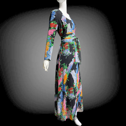 RAZOOK'S vintage 1970s evening dress, poly chiffon floral maxi dress