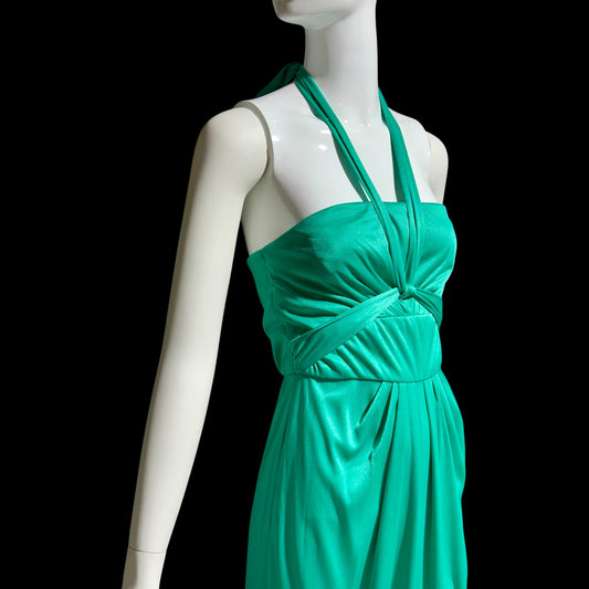 ESTEVEZ evening dress, vintage 1970s teal green jersey knit gown, Studio 54 cocktail disco party dress