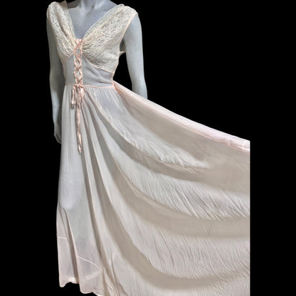 ODETTE BARSA vintage 1940s nightgown slip dress, Sheer pale pink with white lace full sweep Old Hollywood gown