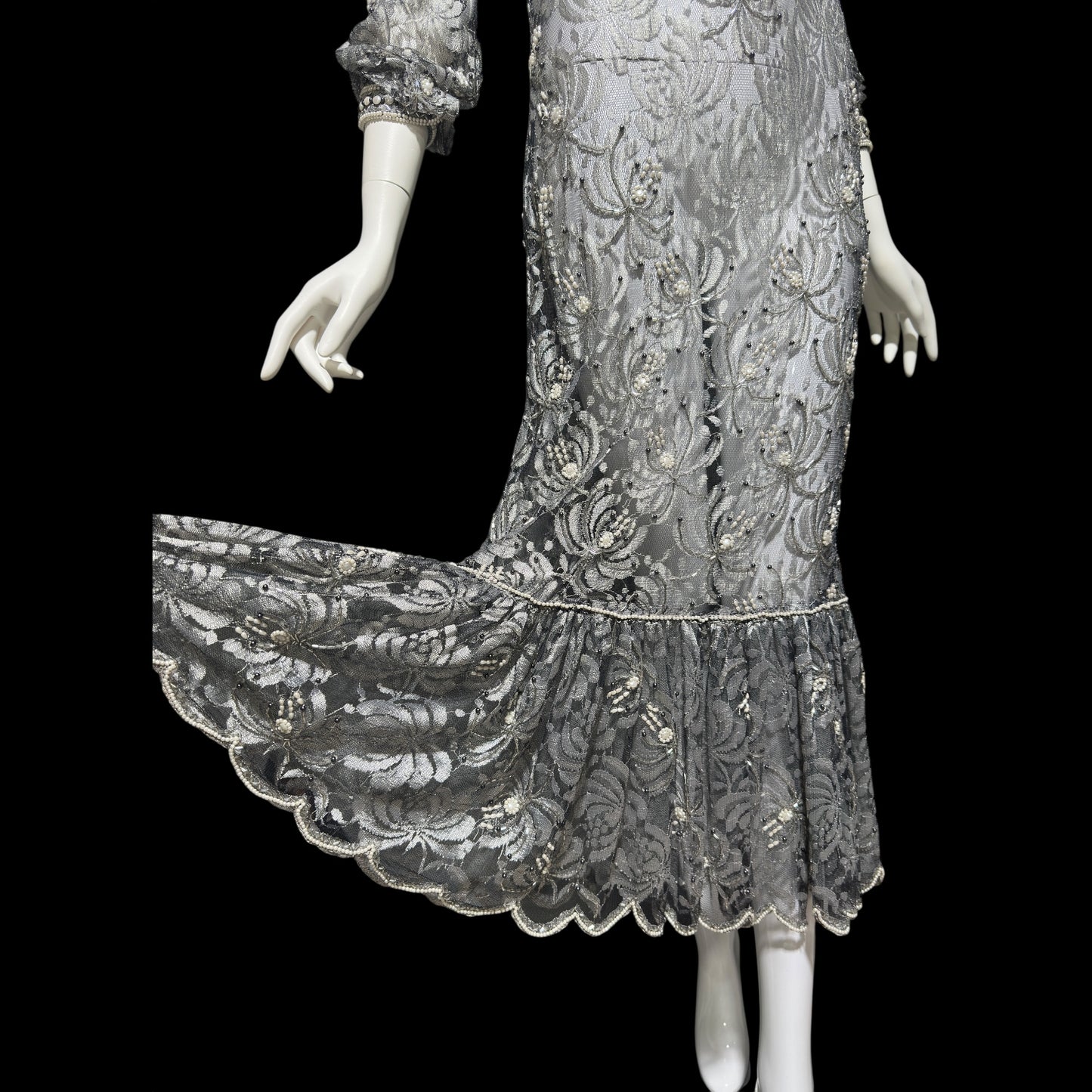 JUDITH ANN, Vintage 1980s sheer beaded dress, Black sheer mesh with beads, Hight neck with ruffle sheath cocktail party dress