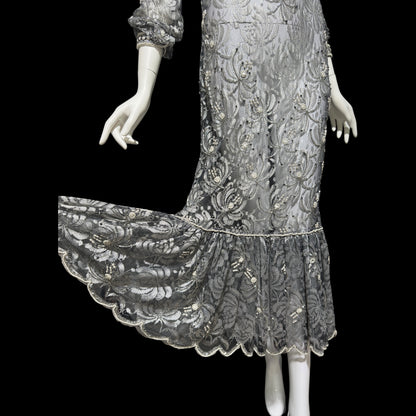JUDITH ANN, Vintage 1980s sheer beaded dress, Black sheer mesh with beads, Hight neck with ruffle sheath cocktail party dress