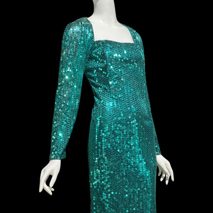 OLEG CASSINI vintage 1980s bodycon sequin evening gown, Mermaid teal green sheath gown with open back