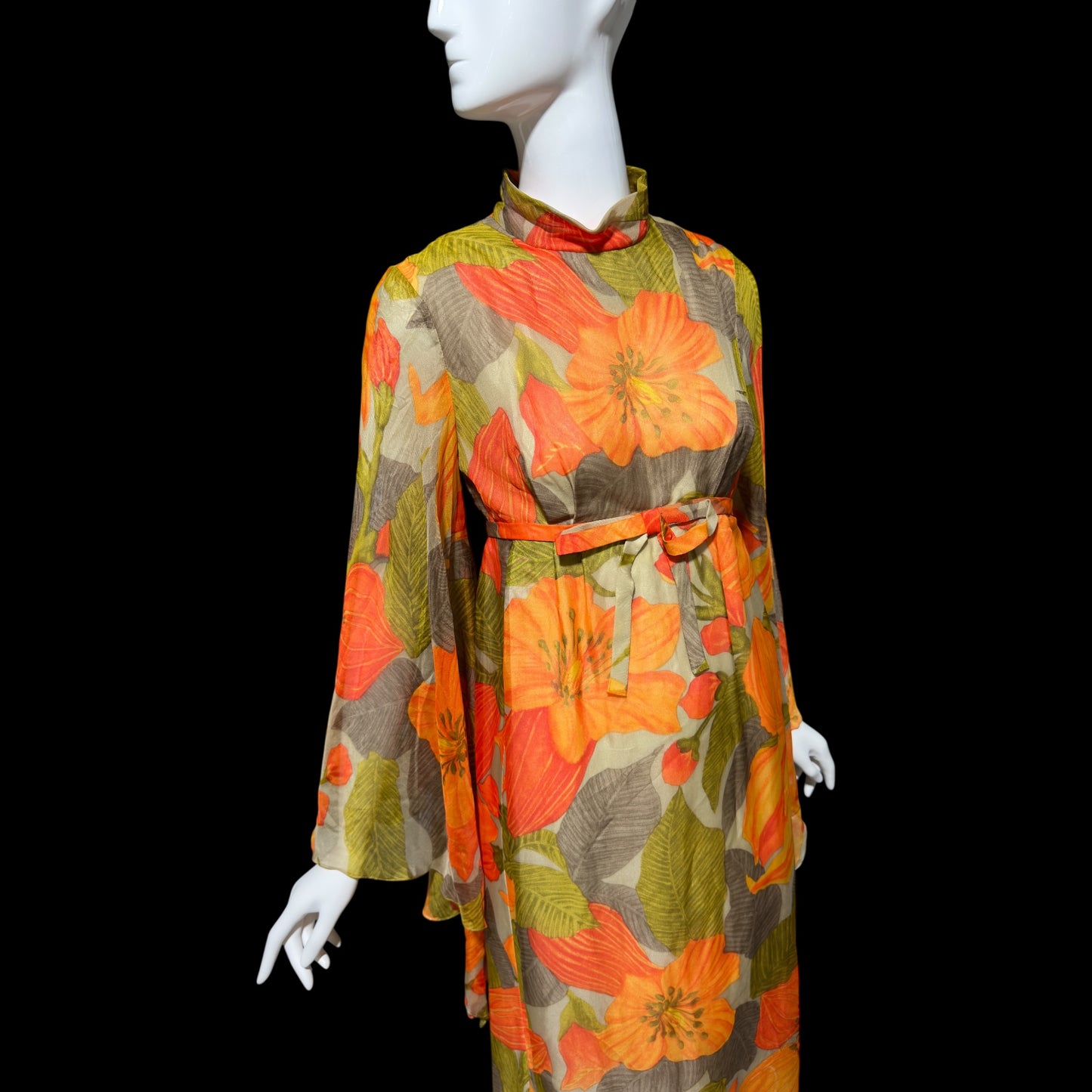 BOB BUGNAND Sam Friedlander,  Martha Weathered, vintage 1970s evening dress, Orange floral angel sleeves
