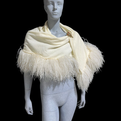ECHO ORIGINATIONS, Vintage 1930s Ostrich Feather Cape Shawl, Creamy White warm knit evening bridal wedding wrap