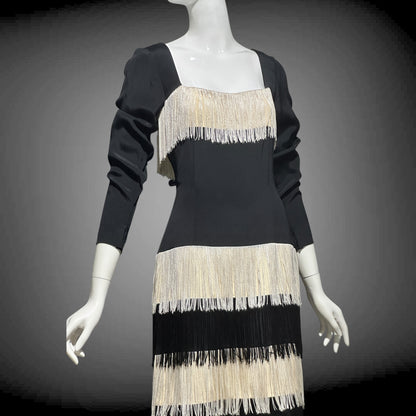 TRAVILLA vintage evening cocktail dress, 1960s black white fringed mod party dress