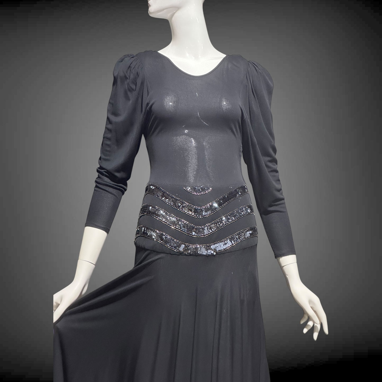 SAKS FIFTH AVENUE Made in England, 1970s evening dress, black jersey knit and sequins